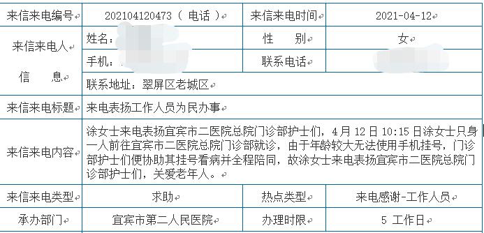 总院门诊部优质服务受到12345市民服务热线表扬