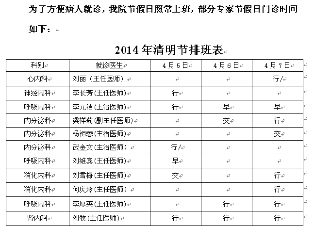 2014年清明节假日门诊排班表