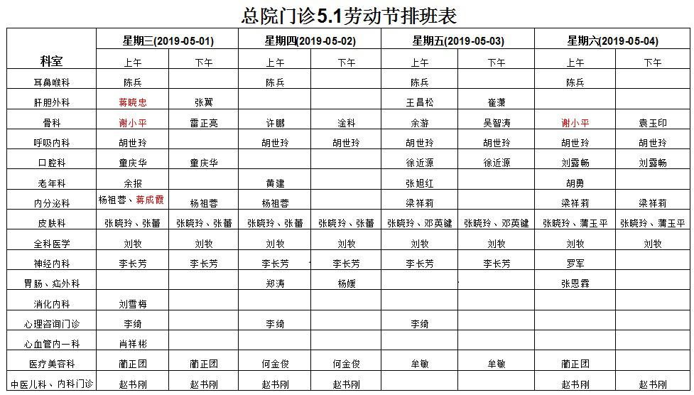 2019年五一劳动节总院门诊排班表