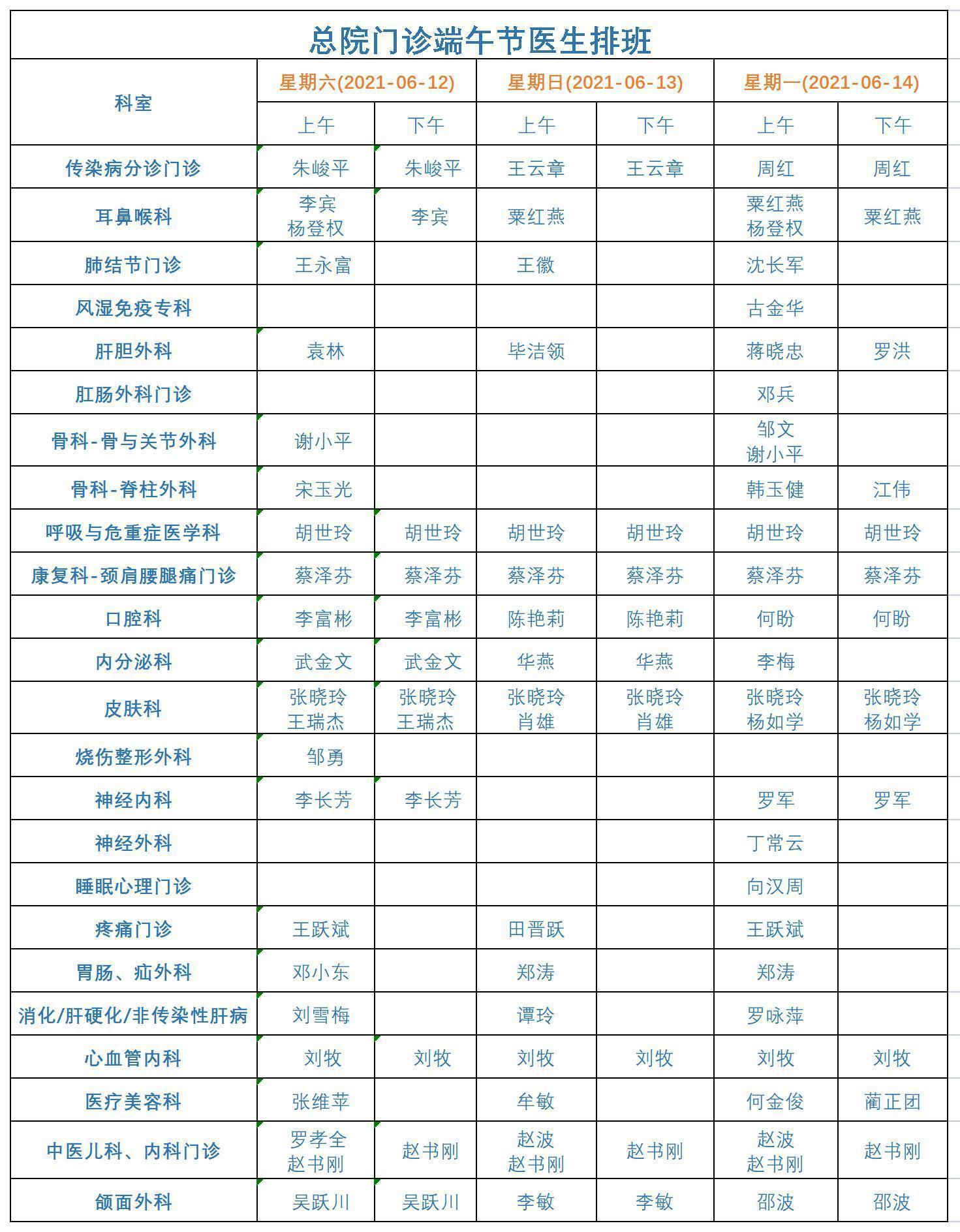 2021年总院门诊端午节排班表