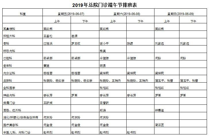 2019年端午节总院门诊排班表